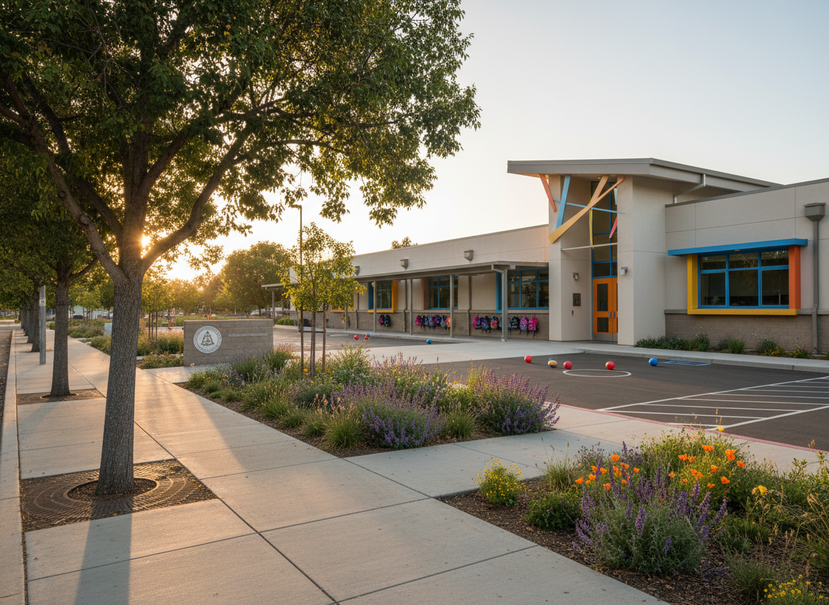 An inviting representation of a Cambrian neighborhood elementary school exterior, captured in photographic realism at golden hour. The low, modern school building with neutral stucco walls and bright, welcoming accents sits behind a clean, tree-lined sidewalk and a small, well-maintained front garden with mixed native plants. Instead of people, backpacks hang neatly on hooks and playground balls rest on the asphalt, suggesting active students without depicting them. A district-branded signboard near the entrance displays only a simple emblem with no readable text. Warm, low-angle sunlight creates long, soft shadows and highlights the school’s welcoming architecture. Shot from a slightly elevated angle using the rule of thirds, the composition feels hopeful, community-oriented, and safe, perfect for a school board campaign emphasizing local schools and families.